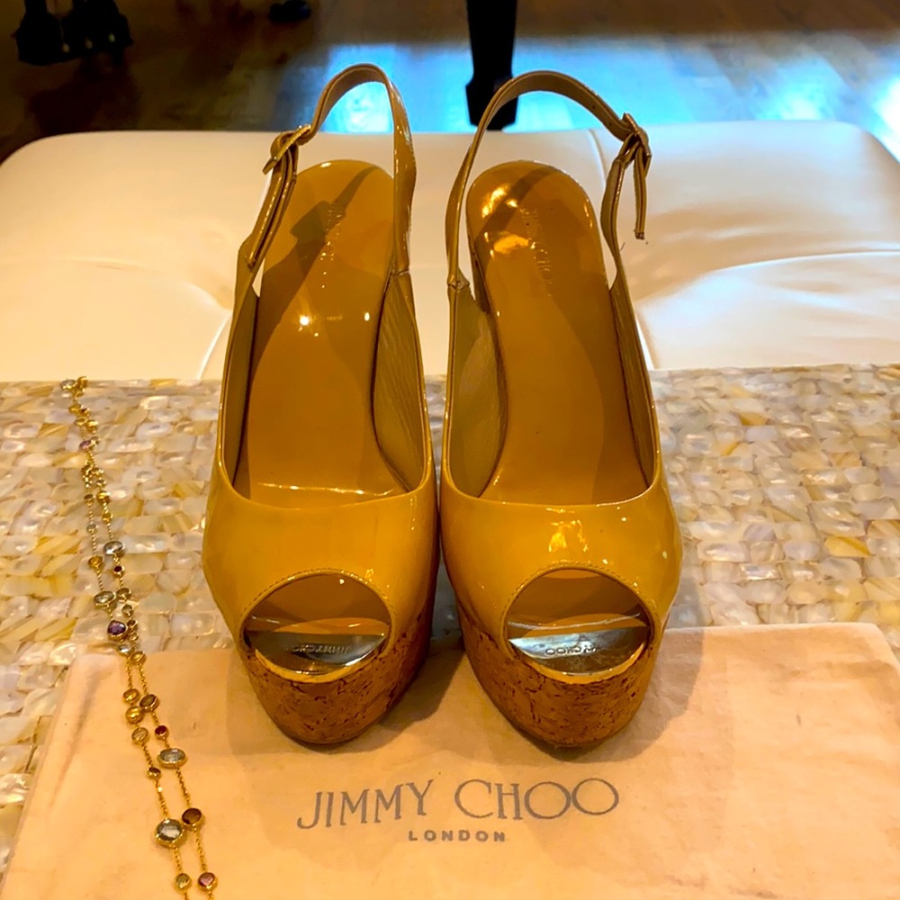 Jimmy Choo patent leather cork sling back wedges